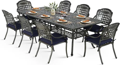 Vista 33 de VIVIJASON Juego de comedor al aire libre de 9 piezas, juego de mesa y sillas de patio de aluminio fundido para 8, incluye mesa rectangular de 94.5