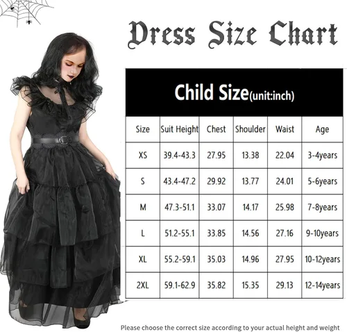 Vista 7 de Wednesday Addams - Vestido de malla para disfraz de Merlina, Adams, vestido de baile familiar, cumpleaños, Halloween, cosplay, traje para niños