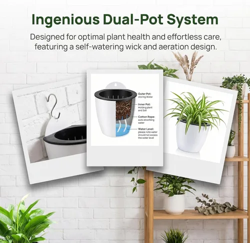 Vista 6 de Jucoan Paquete de 9 macetas colgantes de pared de riego automático para plantas de interior, maceta perezosa de plástico blanco de 5 pulgadas con 9