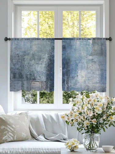 Vista 4 de Cortinas traslúcidas azules abstractas de 84 pulgadas de largo, juego de 2 paneles y cortinas semicortinas grises con bolsillo para barra de cocina