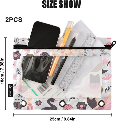 Vista 3 de Linda bolsa de lápices de bailarina para carpeta de 3 anillos, 2 bolsas para lápices con cremallera, estuche transparente con cremallera