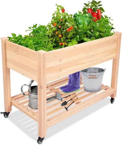 Vista 8 de Cama de jardín elevada con ruedas – Camas elevadas elevadas con almacenamiento, macetas de jardín de madera para regalo de jardinería para madre
