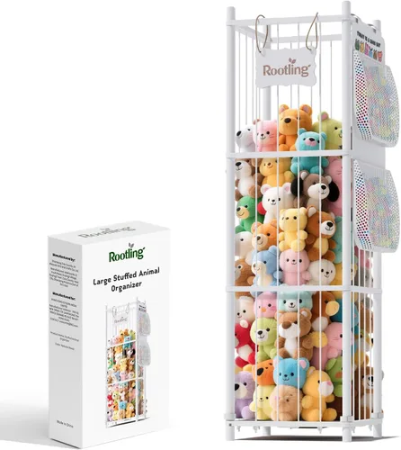 Vista 10 de Almacenamiento y organizador de animales de peluche, soporte de madera de 54 pulgadas de alto para juguetes de zoológico con bolsa de almacenamiento