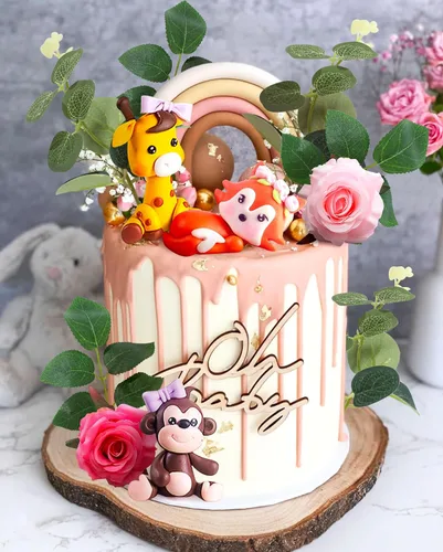 Vista 2 de JeVenis Decoración floral de animales de la selva para baby shower y fiesta de cumpleaños – Decoración para tartas de uno y dos salvajes para niñas