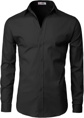 Vista 3 de H2H Camisas de vestir ajustadas para hombre, elásticas, de manga larga, básicas, formales, lisas, informales, para negocios, camisas con botones