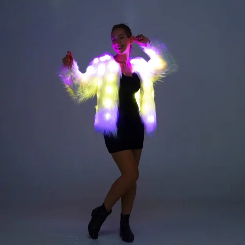 Vista 6 de SHINYOU Chaqueta de piel sintética para mujer, chaqueta con luz LED, para Halloween, Navidad, festival de música, regalo, abrigo de noche