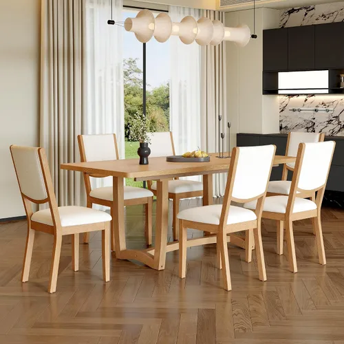 Vista 14 de Merax Juego de mesa de comedor extensible de 7 piezas para 6, mesa de cocina rectangular con 6 sillas tapizadas y respaldo curvado para comedor