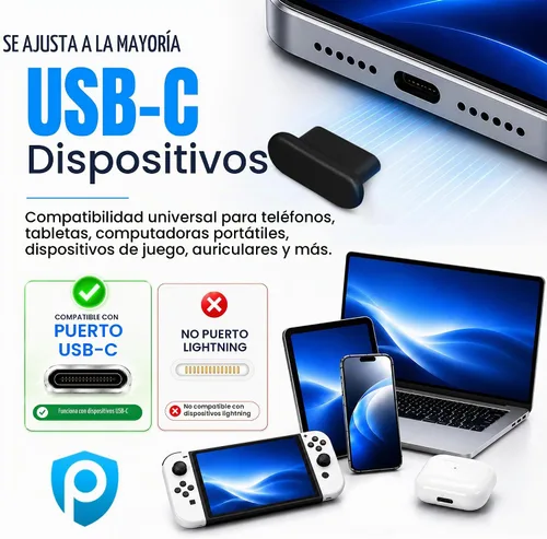 Vista 3 de Tapones antipolvo USB C, paquete de 10 con cepillo de limpieza, cubiertas Negro