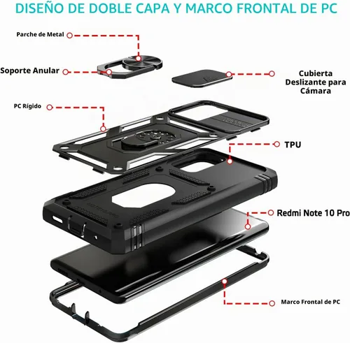 Vista 6 de Funda para Xiaomi Redmi Note 10 Pro, Redmi Note 10 Pro MAX con 3 protectores de pantalla de vidrio templado con soporte de anillo integrado + Negro