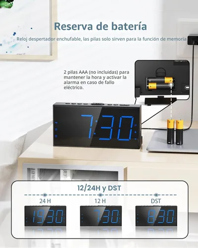 Vista 6 de Reloj despertador súper fuerte con agitador de cama, reloj despertador vibratorio para personas que duermen con problemas auditivos y adolescentes