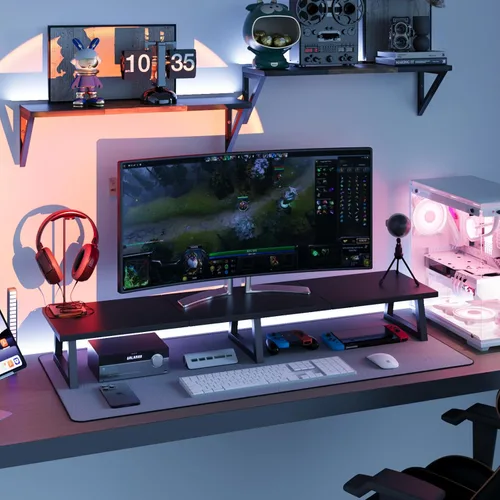 Vista 6 de TEAMIX Soporte elevador de monitor dual de 42 pulgadas en negro, soporte largo de monitor de madera y acero para 2 monitores con almacenamiento