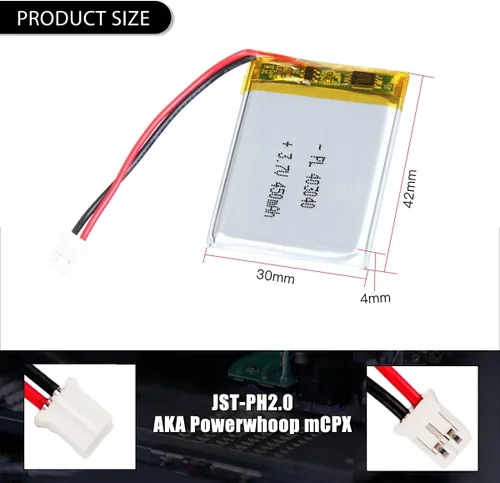 Vista 2 de 3.7V 450mAh 403040 Lipo batería recargable batería de iones de polímero de litio con conector JST