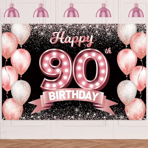 Vista 48 de Cartel de feliz cumpleaños décimo oro rosa, telón de fondo, saludos a 10 años, globos de confeti, decoración temática para niñas de 10 años