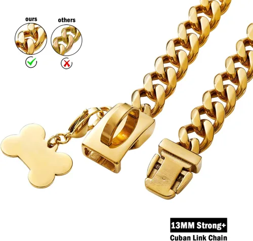 Vista 3 de Collar de cadena de acero inoxidable fuerte para perro con hebilla de fácil bloqueo y liberación, chapado en oro de 18 quilates, cadena de eslabones