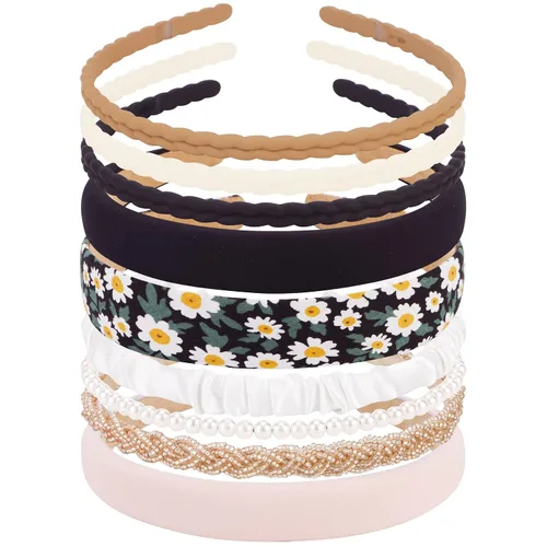 Vista 8 de TOBATOBA Juego de 9 diademas de moda para mujeres y niñas, diademas antideslizantes para cabello de mujer, diademas de perlas de flores