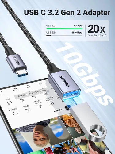 Vista 3 de UGREEN Adaptador USB C a USB 3.0 de 5 Gbps OTG Cable tipo C macho a USB A hembra de nailon trenzado de aluminio compatible con iPhone 15 Plus Pro