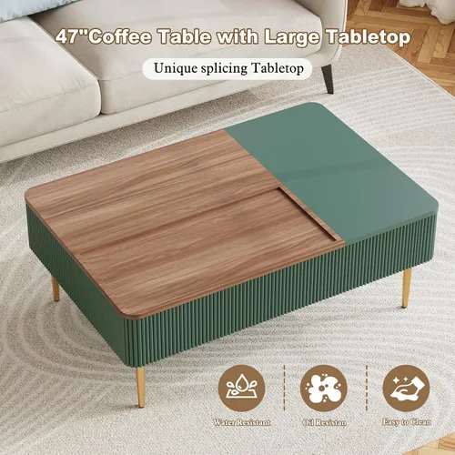 Vista 8 de HLR Mesa de Centro de 47" con Tapa de Elevación Doble y Almacenamiento, Mesa de Centro Moderna de Madera Acanalada con Compartimento Oculto, Mesa