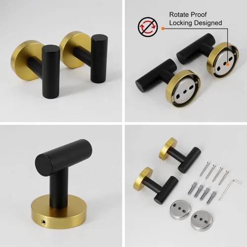 Vista 7 de Juego de accesorios de baño de 3 piezas, color negro y dorado, para montar en la pared, incluye soporte para papel higiénico, 2 ganchos para toallas