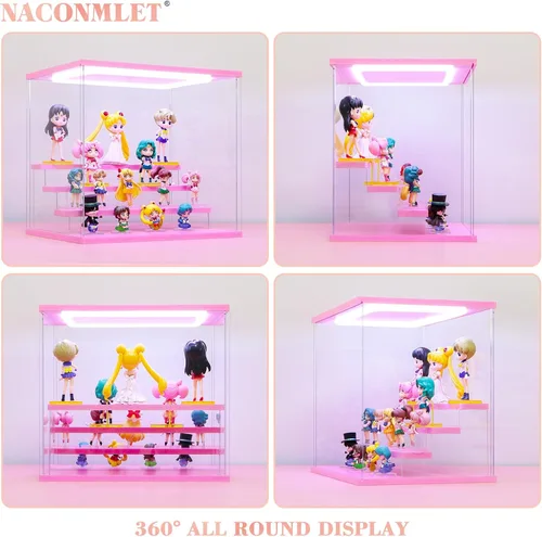 Vista 5 de Vitrina de acrílico transparente para figura de acción Pop Mart, vitrina Funko Pop a prueba de polvo con iluminación, múltiples capas para Rosa