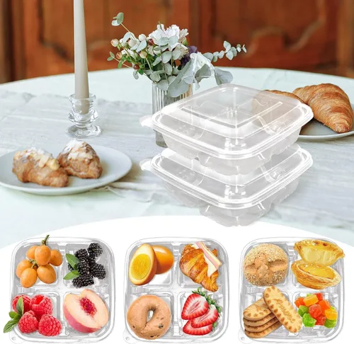 Vista 5 de Paquete de 20 recipientes transparentes Bento para aperitivos, 4 compartimentos con tapas Clear Divided Food Storage Containers, 6.3X6.3X2.36In