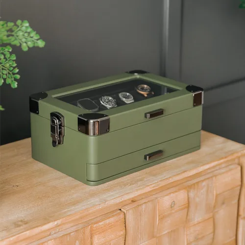 Vista 6 de CASE ELEGANCE Caja organizadora militar de 10 ranuras para reloj, para hombres, parte superior de cristal real, bandeja modular de valet, compatible