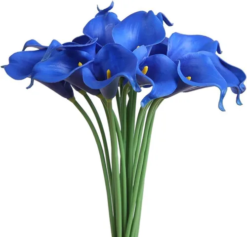 Vista 8 de Faylapa 20 piezas de lirio de cala artificial real al tacto, azul morado Flores falsas, ramos de boda, decoración floral para el hogar