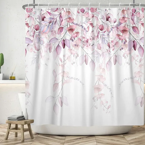 Vista 3 de Cortina de ducha con textura floral de acuarela rosa, cortina de ducha floral verde salvia para baño, bonita cortina de ducha moderna de tela