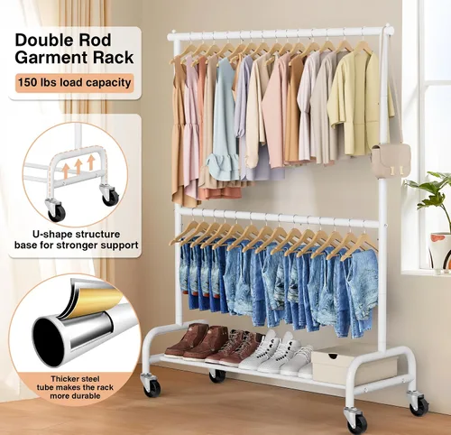 Vista 8 de MISSLO Percheros resistentes para colgar ropa perchero rack de ropa con ruedas de metal, ajustable, blanco y plateado