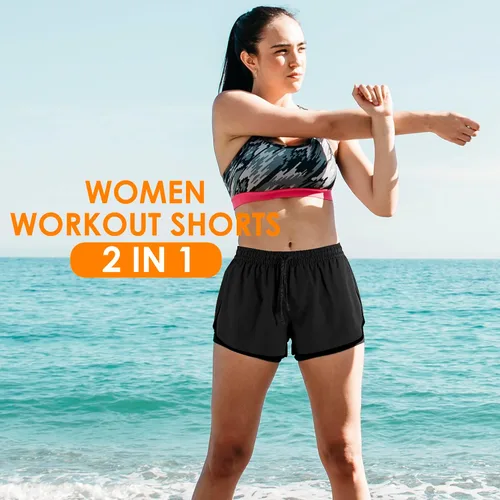 Vista 5 de Pantalones cortos de correr 2 en 1 para mujer, para gimnasio, yoga, entrenamiento, pantalones cortos atléticos, pantalones cortos de cintura alta