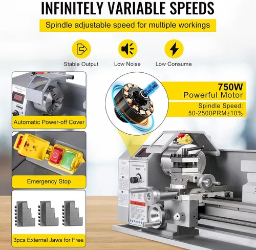 Vista 4 de VEVOR Torno de metal, Mini máquina de torno de 210x720, Cambio de velocidad variable de 2500 RPM, Mini torno de precisión de 750W, Torno de trabajo