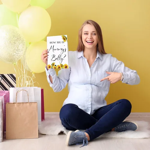 Vista 61 de Sabary 64 Piezas Juegos de Baby Shower Incluyen Letrero How Big is Mommy's Belly Sign Measure Bump Game 50 Tarjetas 10 Lápices 3 Cintas Métricas