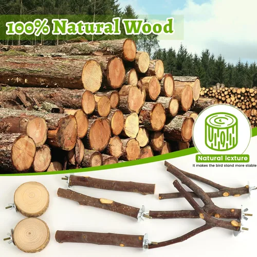 Vista 5 de Paquete de 8 perchas para pájaros, plataformas de madera de manzana natural, ramas de madera dura, accesorios para periquitos, cacatúas, tortolitos