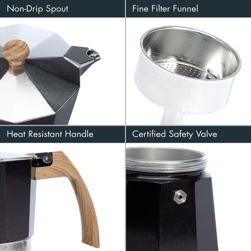 Vista 3 de Primula Cafetera espresso de aluminio para estufa, cafetera percoladora para moka, café cubano, capuchino, café con leche y más, perfecta para Negro
