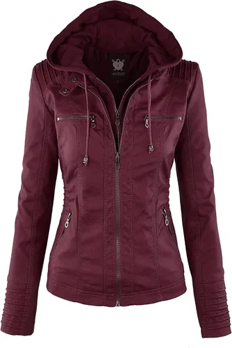 Vista 40 de Lock and Love Chaqueta Abrigo de Moto Motociclista de Piel Sintética para Mujer con Capucha Extraíble o No Extraíble Wjc1044_negro