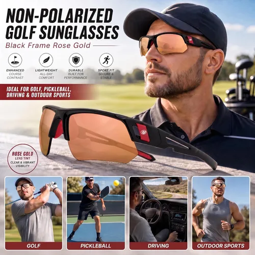 Vista 2 de Gafas de sol de golf para hombres y mujeres, gafas de sol deportivas sin montura con protección UV400 Bj810 Marco Negro Oro Rosa