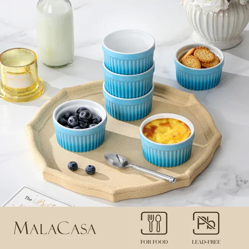 Vista 3 de MALACASA Ramequines de 119 ml aptos para horno, pequeños platos de soufflé cerámicos para crema brulée y soufflé, tazas de natillas de barro Azul