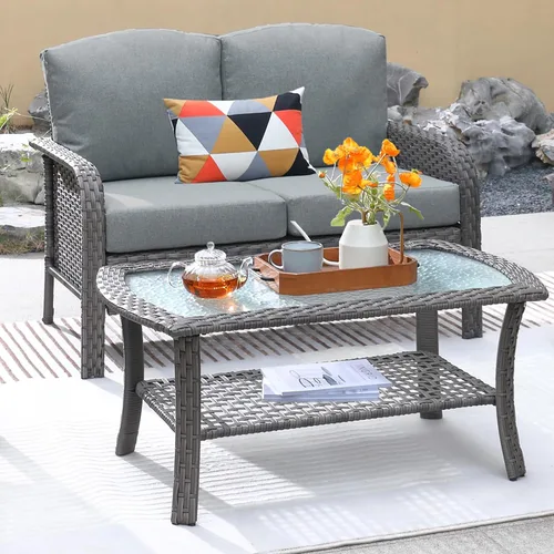 Vista 13 de ovios - Juego de muebles de patio de 2 piezas, sofá de mimbre para exteriores con sillas, silla de ratán con respaldo alto con cómodos cojines