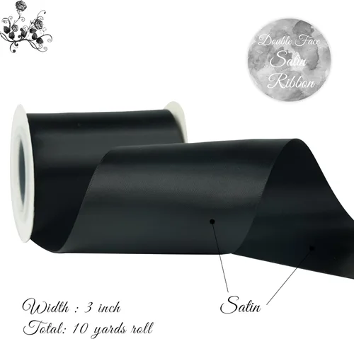 Vista 2 de Cinta de satén negra de 3 pulgadas x 10 yardas, doble cara Rollo de cinta ancha, envoltura de regalos, ramos de boda, lazos, coronas, manualidades