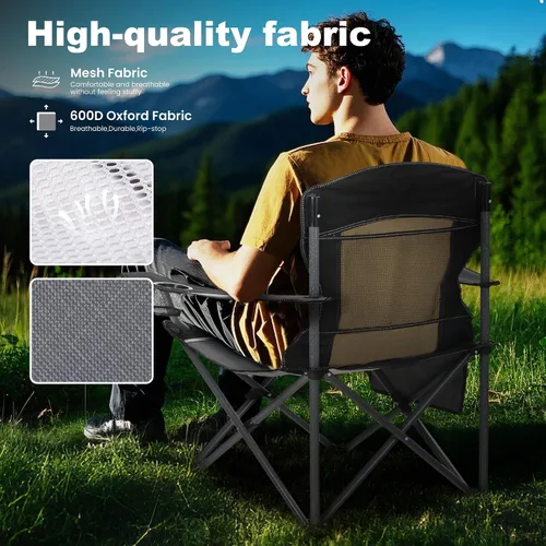 Vista 5 de LET'S CAMP Paquete de 2 sillas de campamento con respaldo de malla, portátil, plegable, resistente, para exteriores, 330 libras, silla de brazo Negro