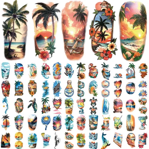 Vista 2 de 77 hojas de tatuajes temporales para mujeres y hombres, 17 hojas de tatuajes falsos de medio brazo de flores de playa, calaveras, atardeceres, 60