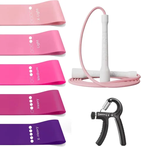 Vista 10 de Paquete de energía de fitness 3 en 1: juego de 5 bandas de resistencia + cuerda de salto de velocidad + agarre ajustable para la mano, combo