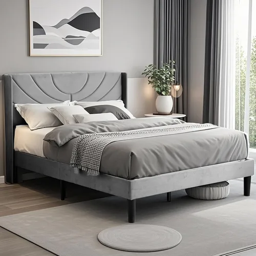 Vista 19 de VECELO Marco de Cama Tamaño Twin Plataforma Tapizada con Cabecera de Tela Ondulada/Soporte de Listones de Madera/No Necesita Somier/Base de Colchón