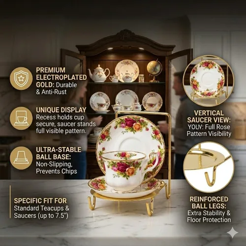 Vista 2 de HOHIYA Soporte de exhibición dorado para tazas y platillos de té para 6 tazas, organizador de mesa decorativo para tazas de China, tazas y platos