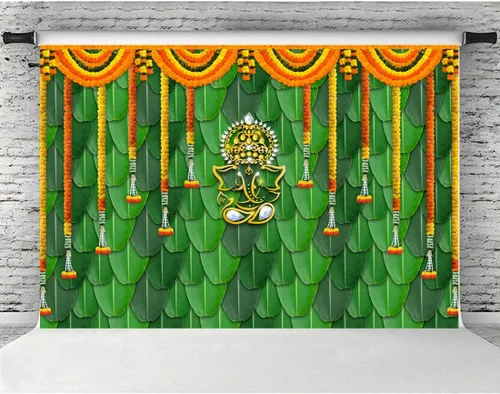 Vista 3 de Pooja Telón de Fondo Tela de Decoración Artículos Indios Ganpati Puja Tradicional Chatiya Ganesh Mehndi Fotografía Fondo Festival Boda Fiesta