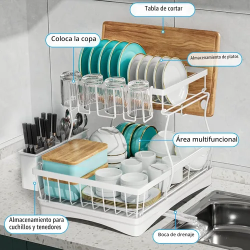 Vista 6 de 7 code - Escurridor grande de platos, escurridor de 2 niveles para mostrador de cocina, organizador desmontable de escurridor de platos de gran