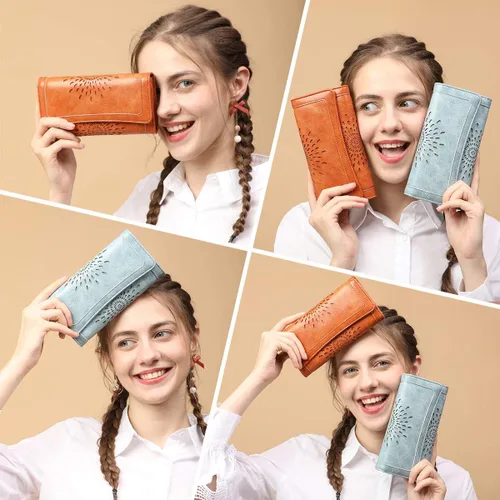 Vista 2 de Aphison - Cartera larga de cuero suave RFID para mujer, con caja de regalo
