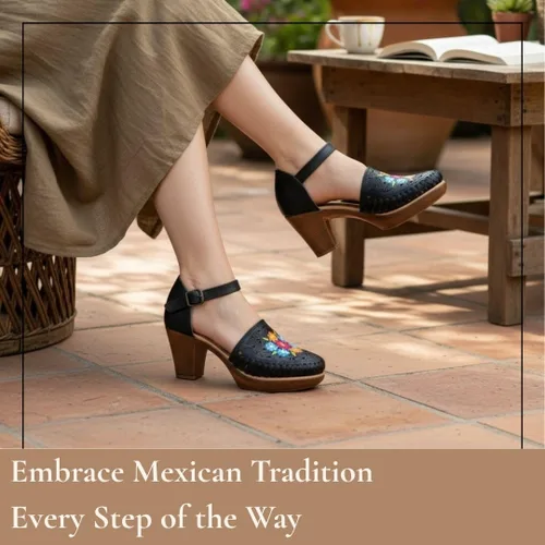 Vista 2 de Zapatos de cuero mexicano con flores bordadas, con tacones para mujer - Modelo 102BL Negro
