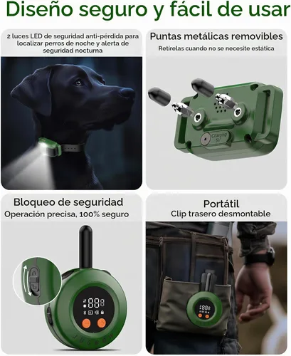 Vista 7 de Collar de choque para perro, collar de entrenamiento para perros de 3/4 millas con control remoto, color verde
