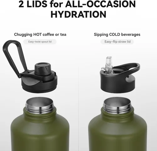 Vista 3 de Botella de agua aislada de 64 onzas con tapas de pajita y boquilla, jarra de agua de acero inoxidable de medio galón con mango de paracord, vacío