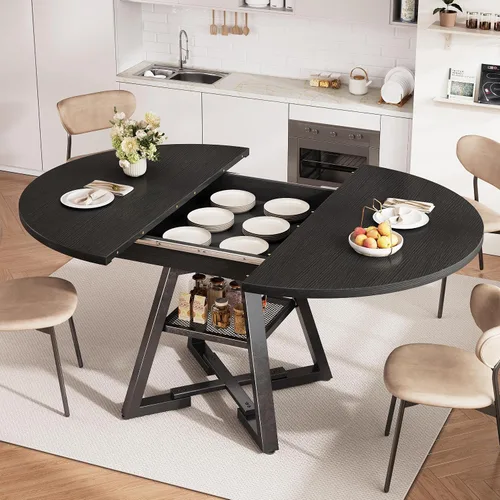 Vista 5 de Mesa de comedor redonda extensible de 43 a 57 pulgadas para 4-6, moderna mesa de comedor ovalada de cocina industrial con hojas extraíbles, base